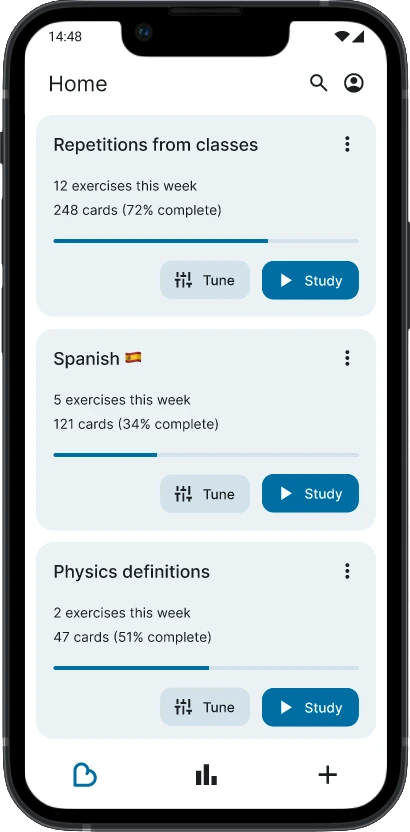 byHeart home screen Screenshot of byHeart app home screen showing various flashcard collections