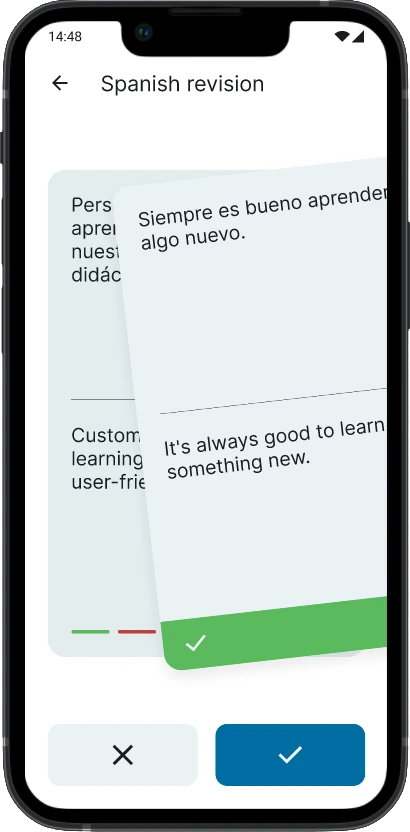 Study session in byHeart app, swiping right means you're familiar with the flashcard, swiping left means you want to review it again soon Screenshot of swiping through flashcards in a study session in byHeart app